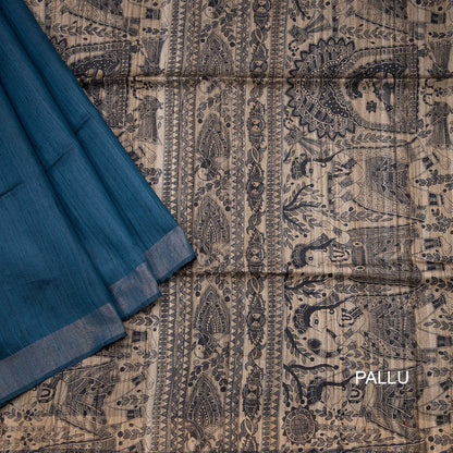 Raw Silk Dark Peacock Blue Plain With Printed Work Saree