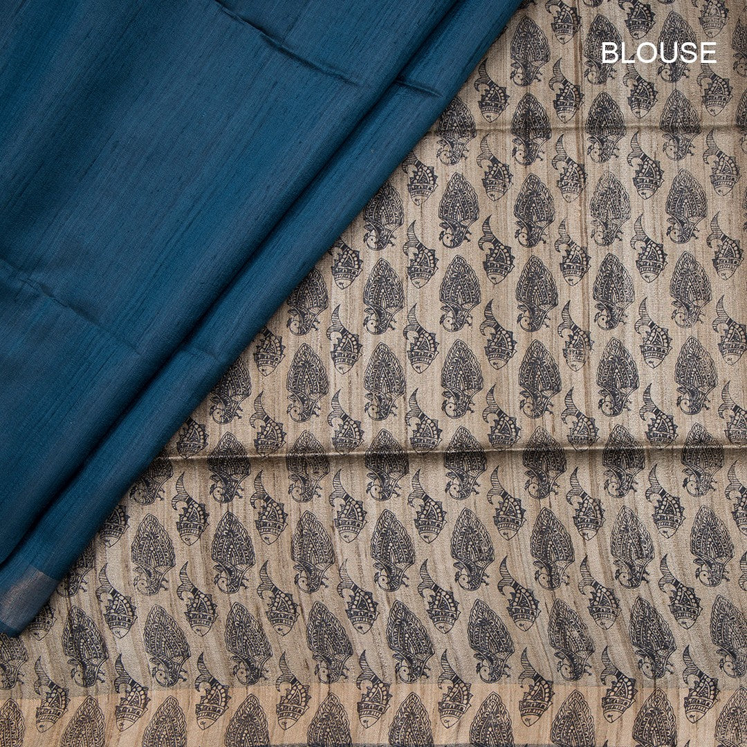 Raw Silk Dark Peacock Blue Plain With Printed Work Saree