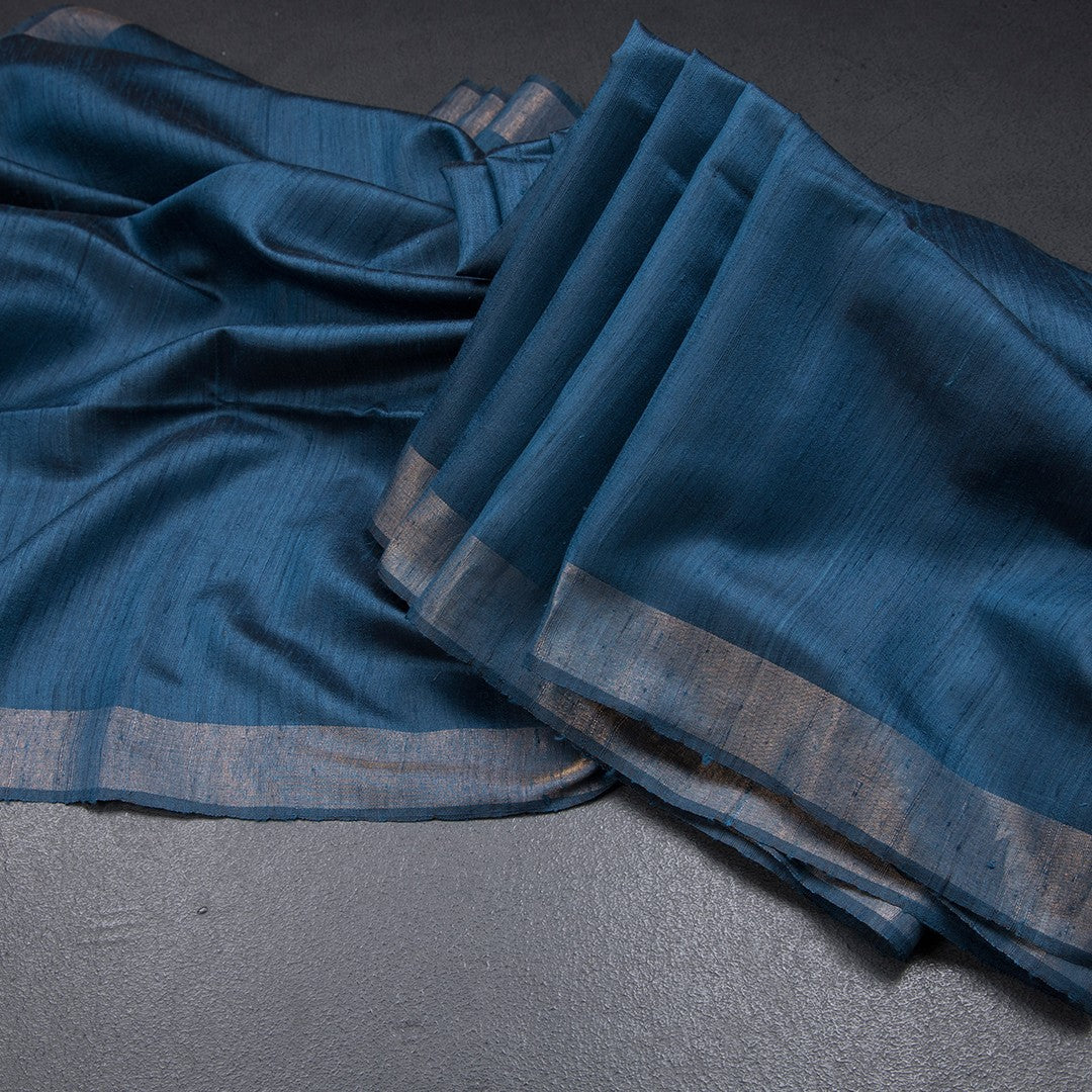 Raw Silk Dark Peacock Blue Plain With Printed Work Saree