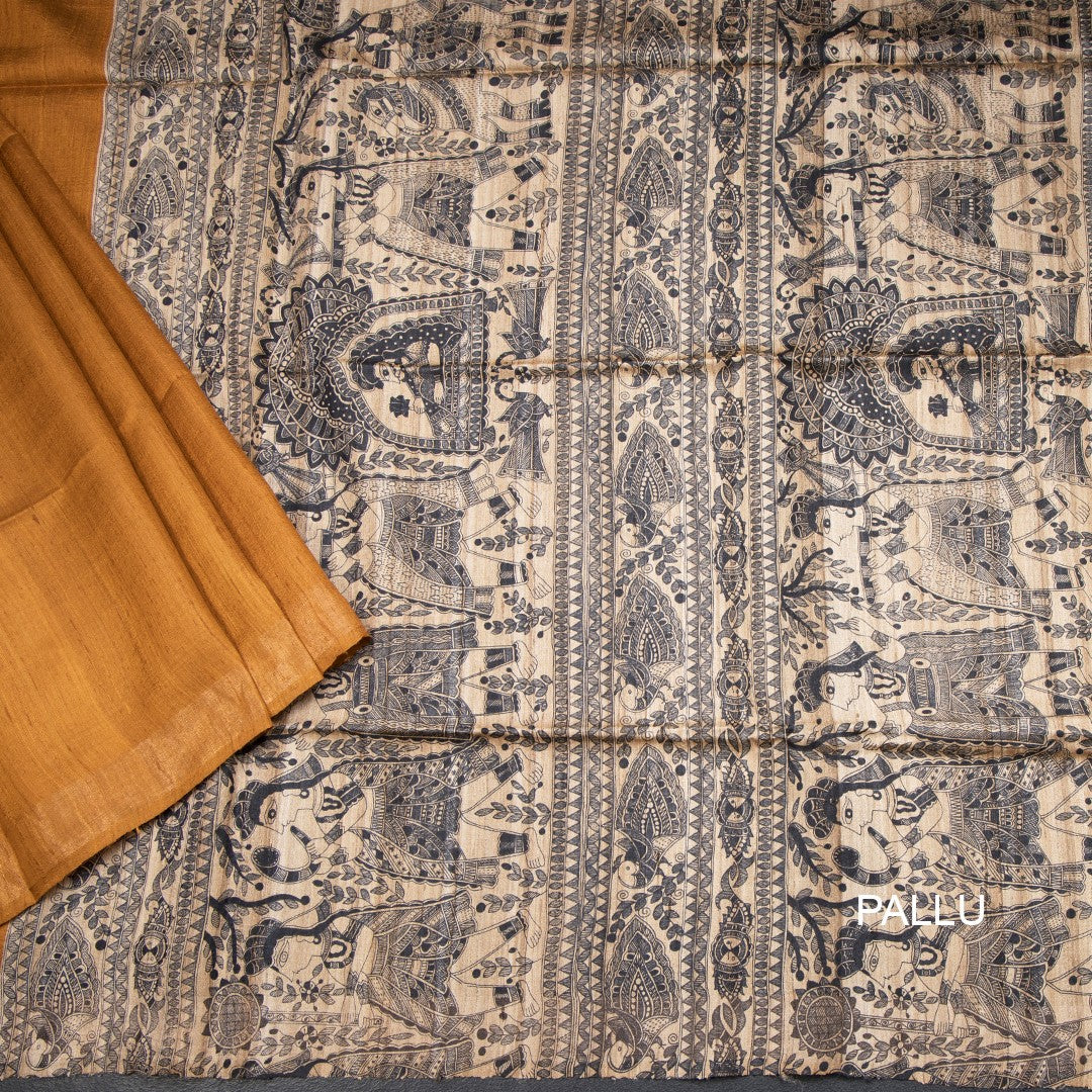 Raw Silk Mustard Plain With Printed Work Saree