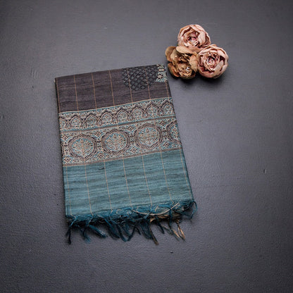 Tussar Dark Grey Checked Saree