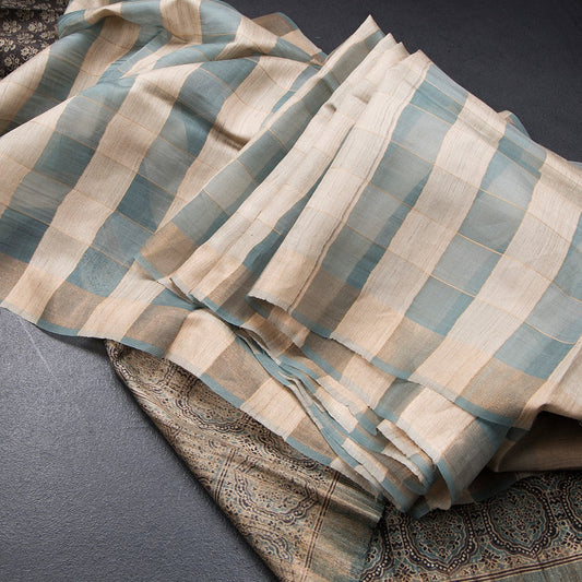 Tussar Dark Grey Checked Saree