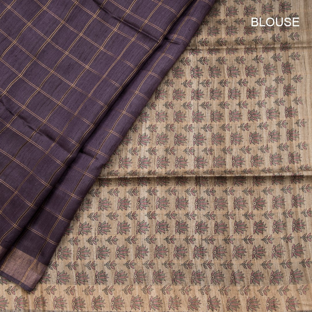 Tussar Dark Purple Checked Saree