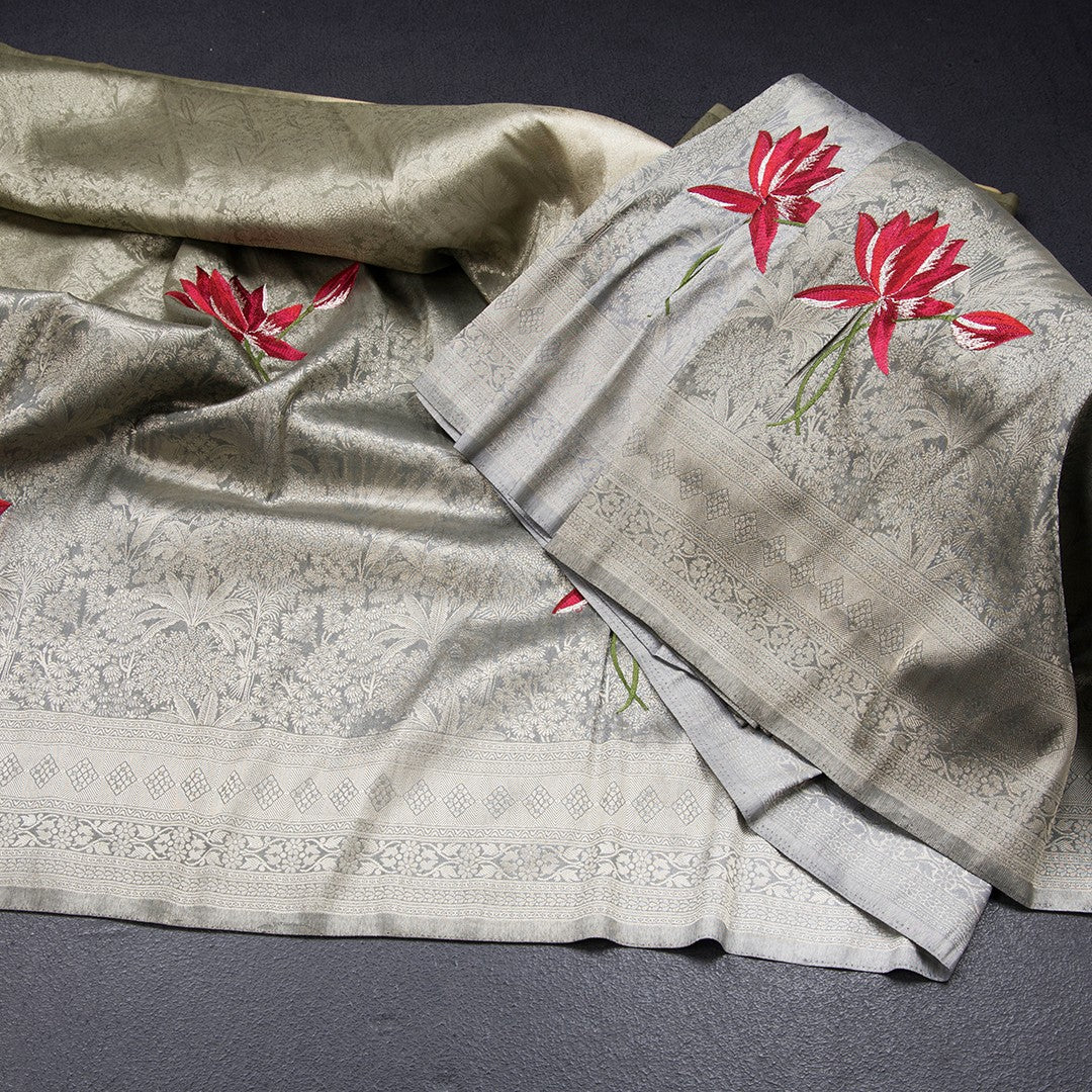 Russian silk Grey brocade ombré Saree