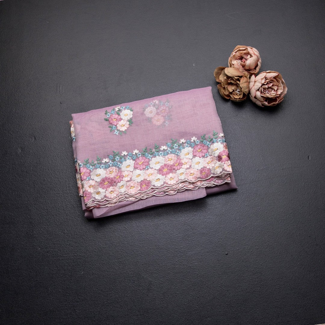 Linen Lilac Purple Floral Thread Work Saree
