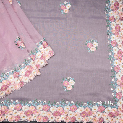 Linen Lilac Purple Floral Thread Work Saree