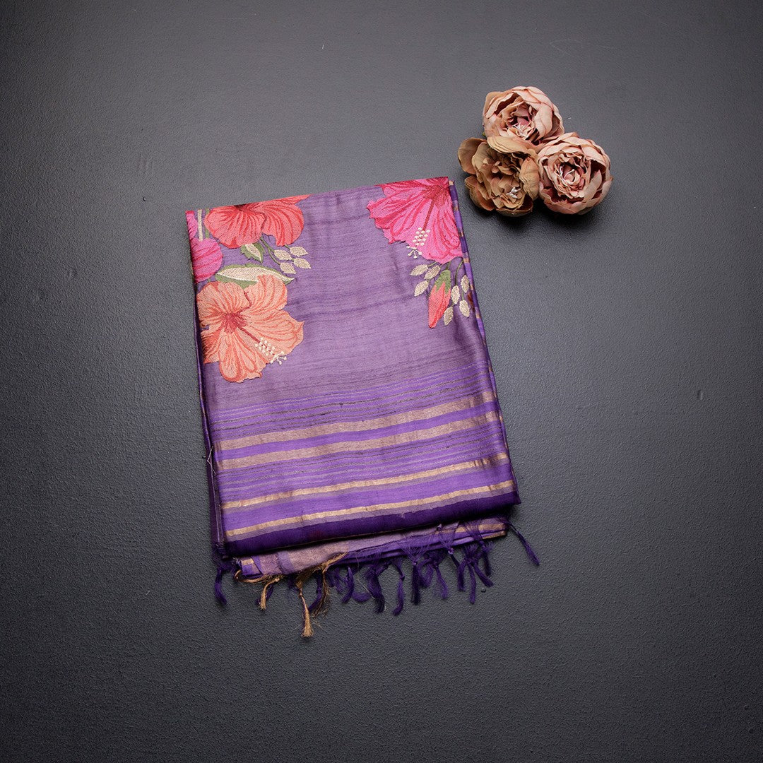 Raw Silks Purple Stripes With Thread Work Saree