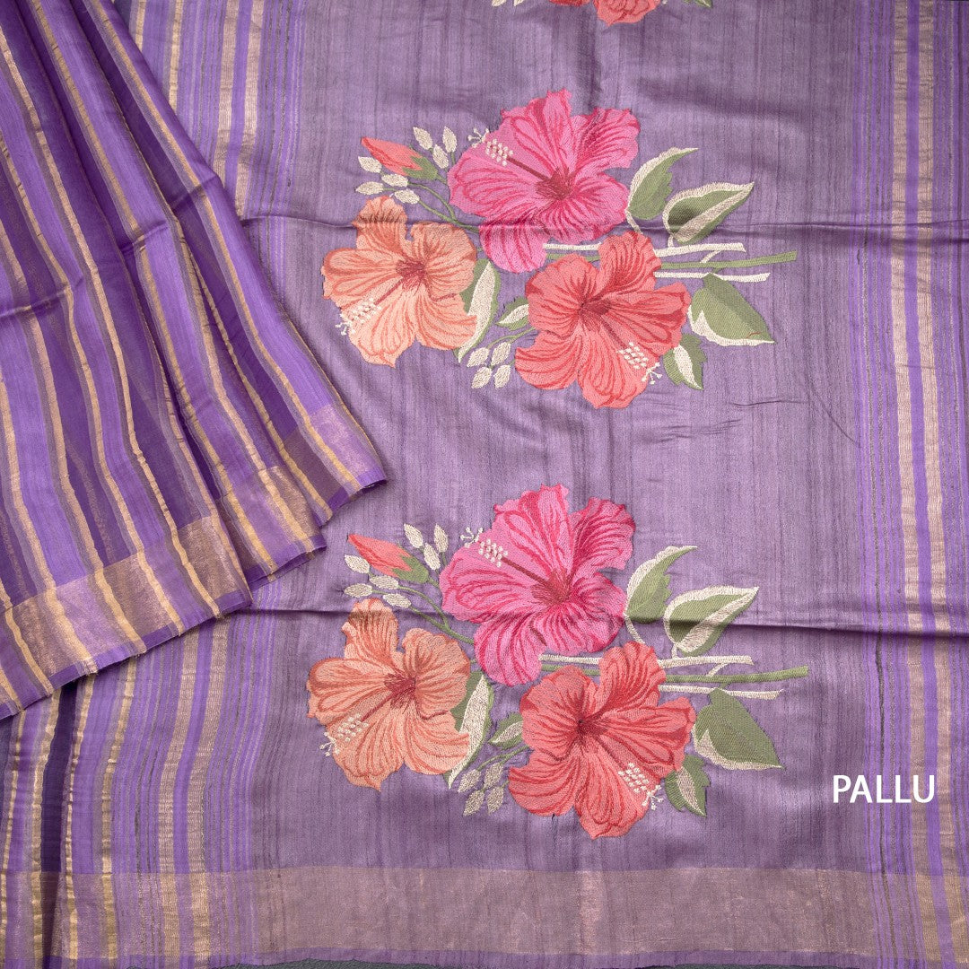 Raw Silks Purple Stripes With Thread Work Saree