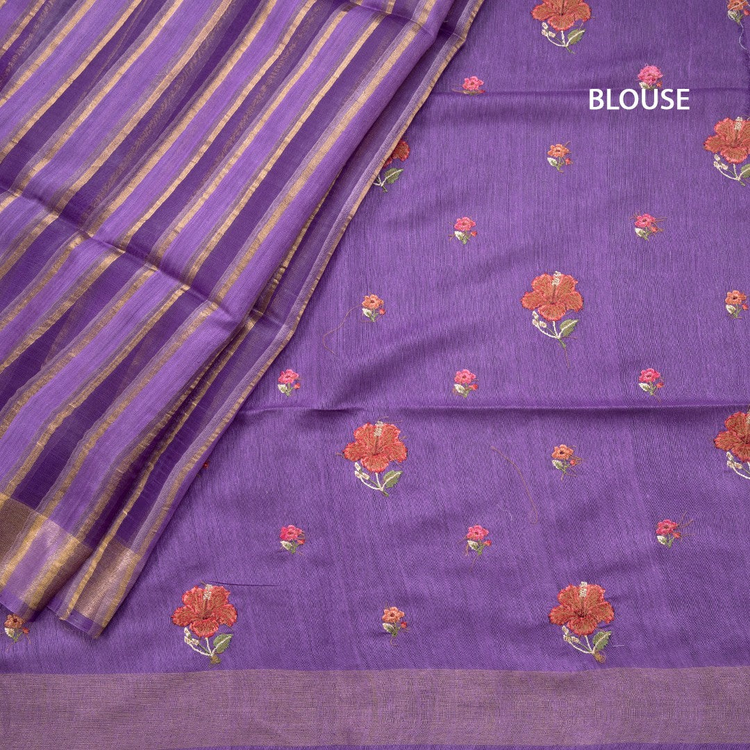 Raw Silks Purple Stripes With Thread Work Saree