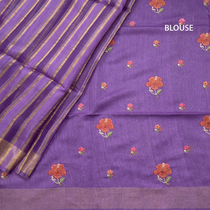 Raw Silks Purple Stripes With Thread Work Saree