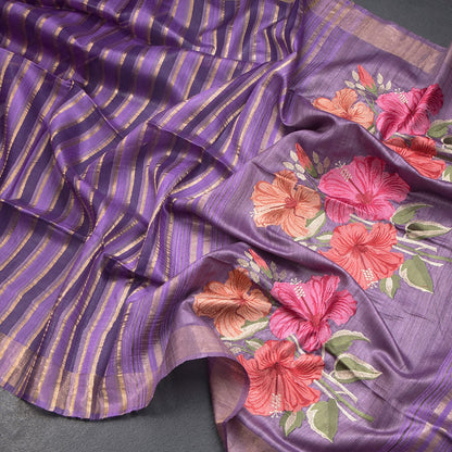 Raw Silks Purple Stripes With Thread Work Saree - Shriyara by Kumaran Silks