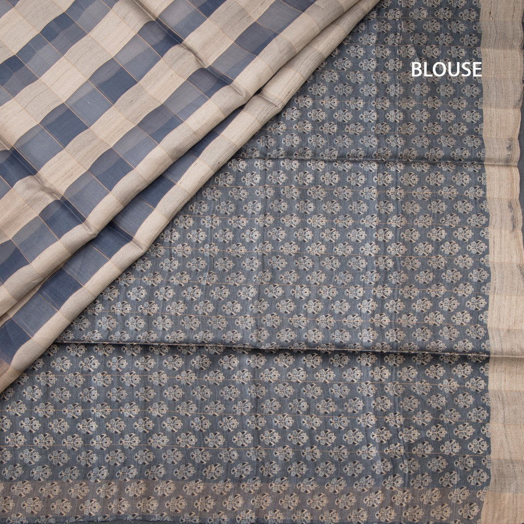 Tussar Dark Grey Checked Saree 02