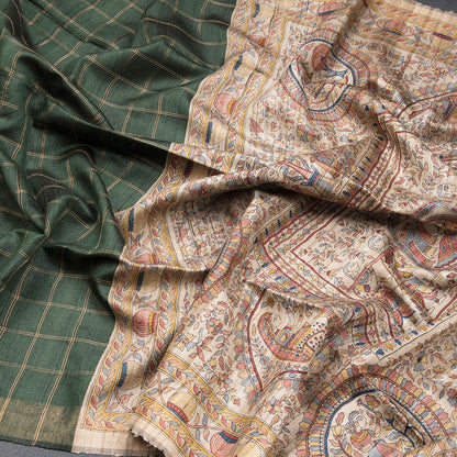 Raw Silks Checked And Kalamkari Handloom Printed Saree - Shriyara by Kumaran Silks