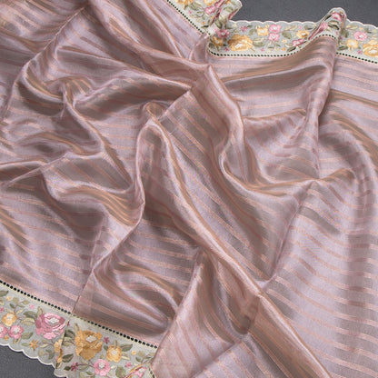 Tissue Banarasi Pink Stripes Saree With Thread Work - Shriyara by Kumaran Silks