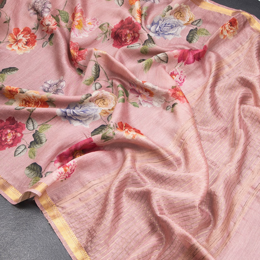 Tussar Light Onion Pink Printed Saree With Zari Border - Shriyara by Kumaran Silks