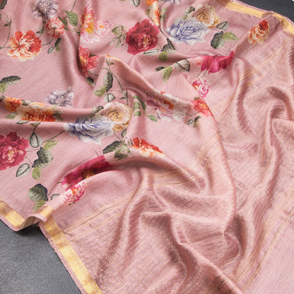 Tussar Light Onion Pink Printed Saree With Zari Border - Shriyara by Kumaran Silks