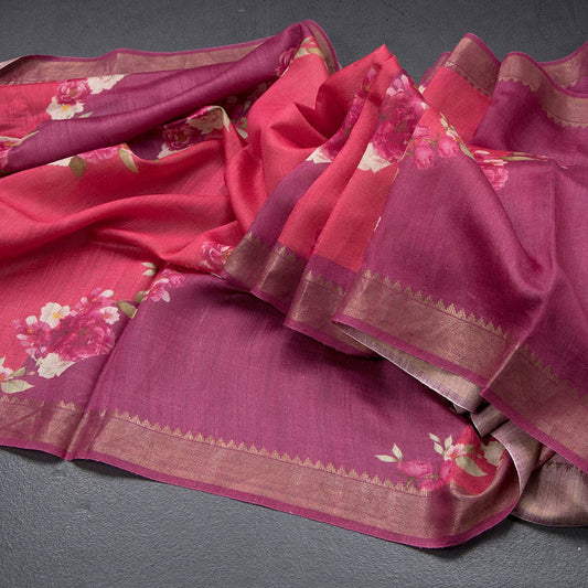 Tussar Dark Pink Printed Saree With Zari Border