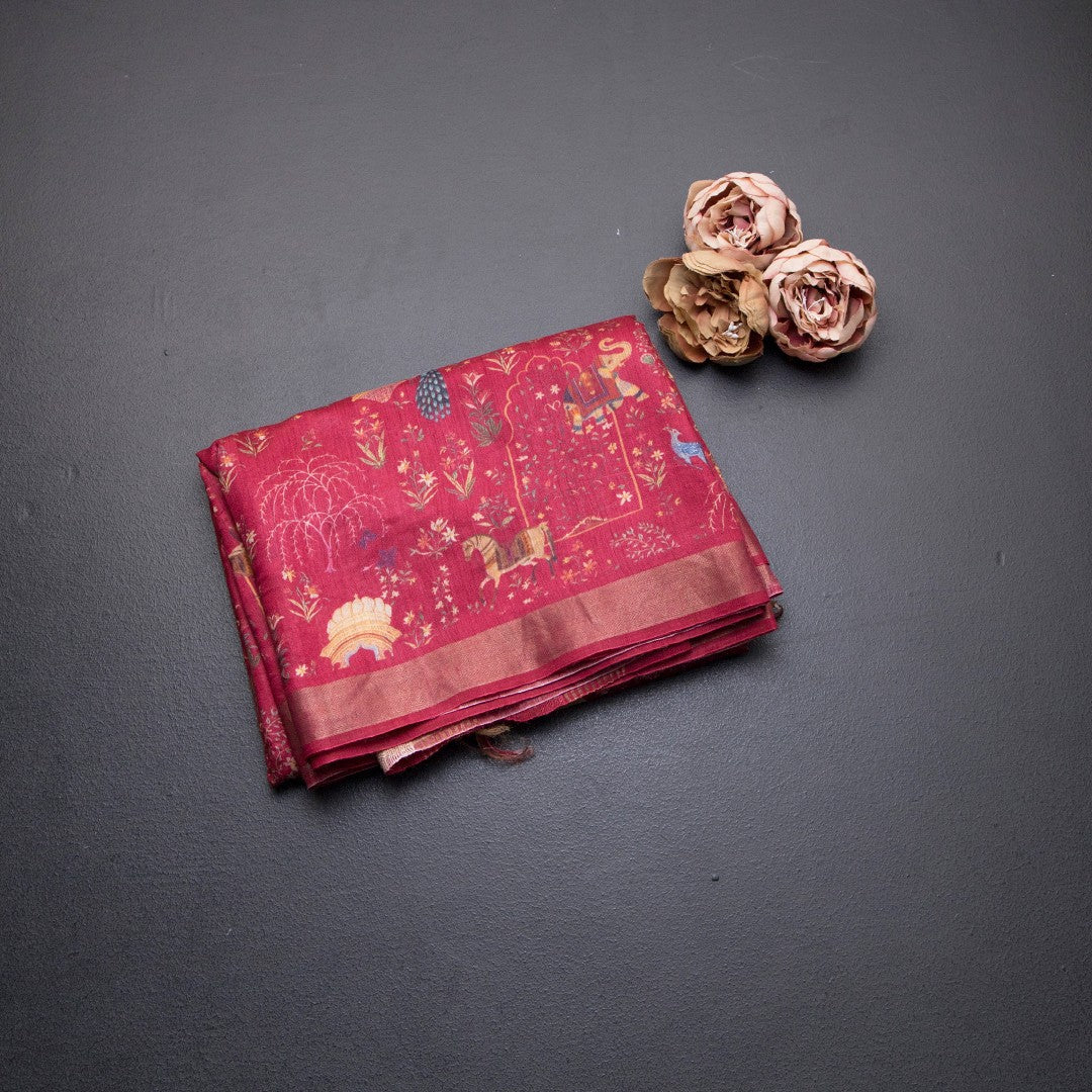 Tussar Dark Red Printed Saree With Zari Border