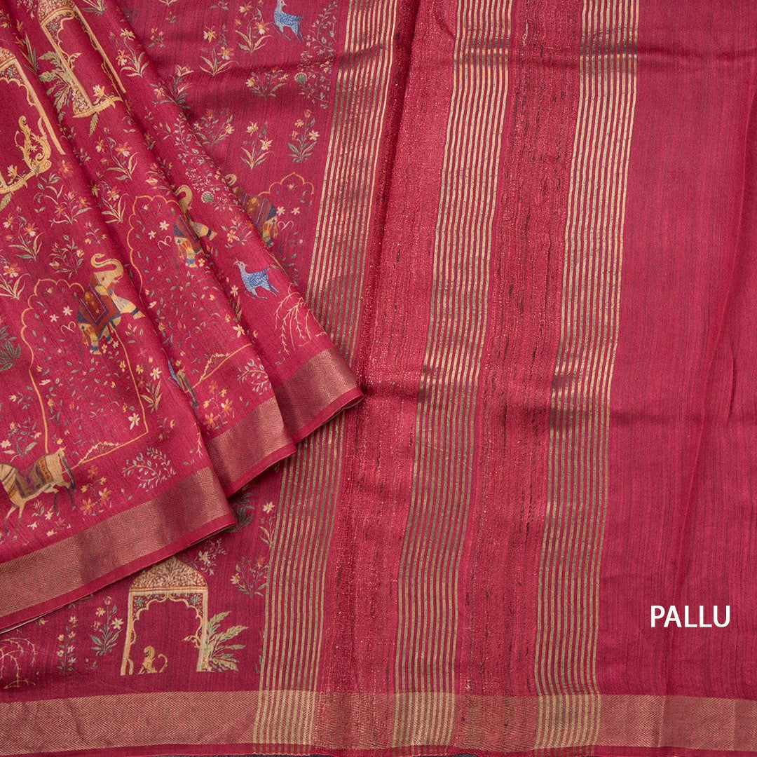 Tussar Dark Red Printed Saree With Zari Border