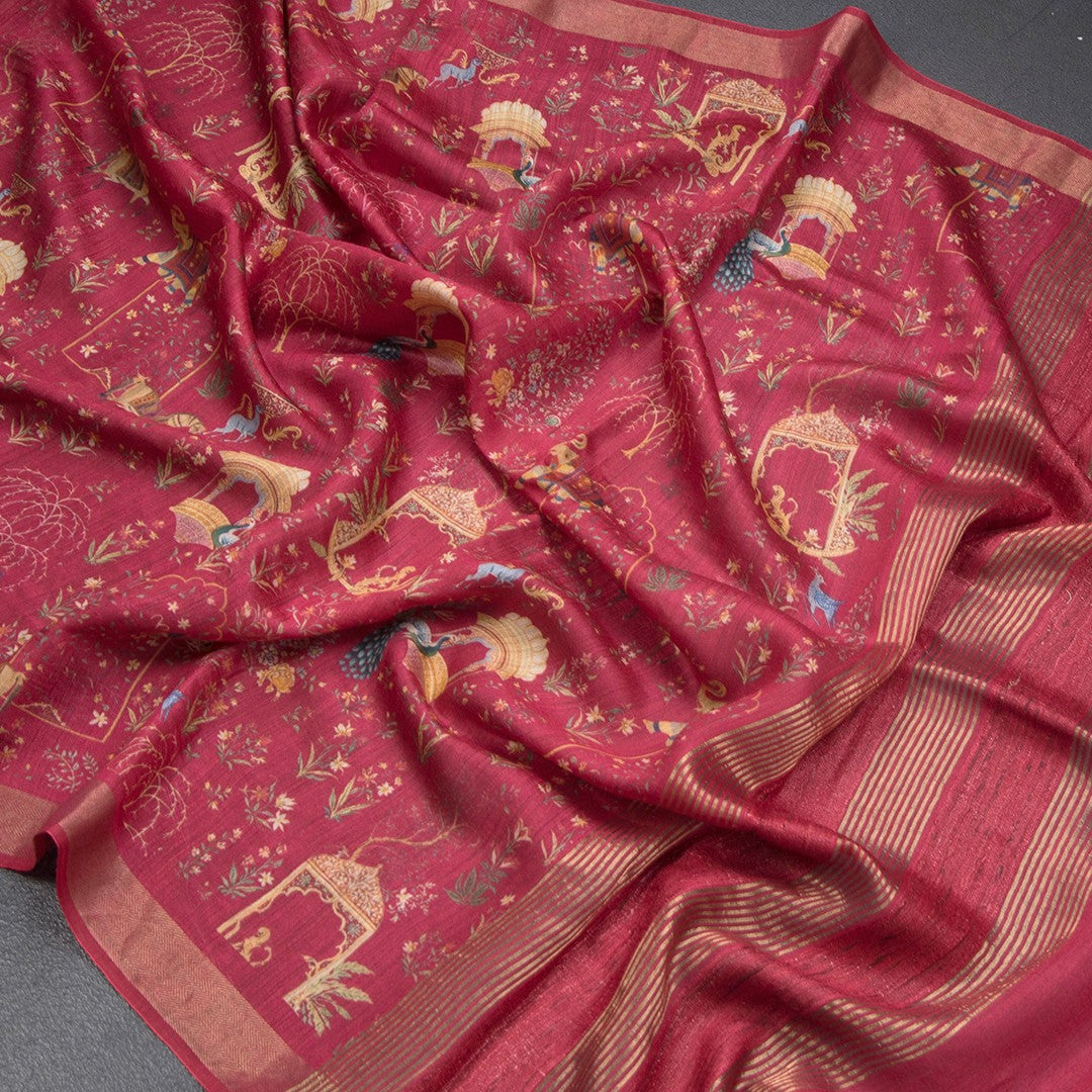 Tussar Dark Red Printed Saree With Zari Border - Shriyara by Kumaran Silks