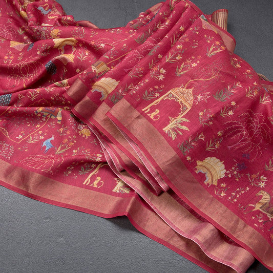 Tussar Dark Red Printed Saree With Zari Border
