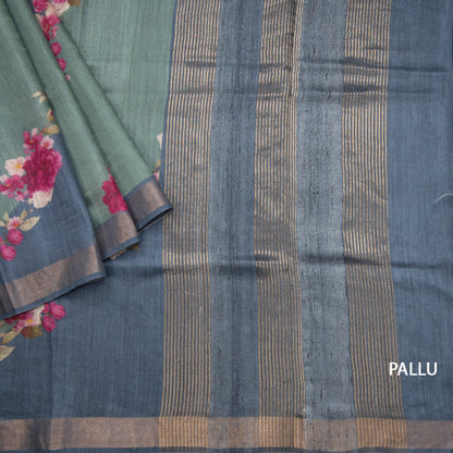 Tussar Green Printed Saree With Zari Border