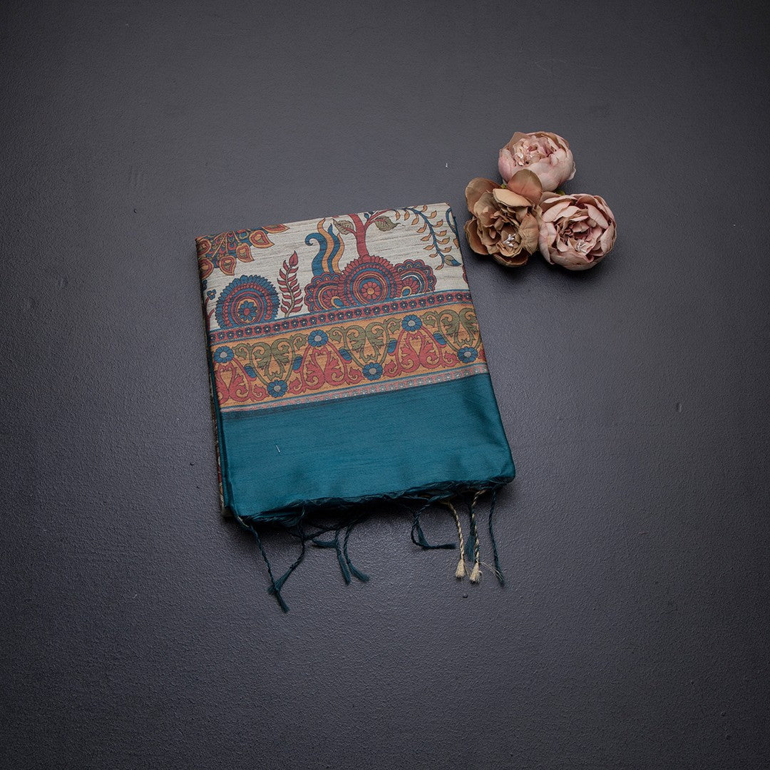 Semi Raw Silk Peacock Green Printed Saree 03