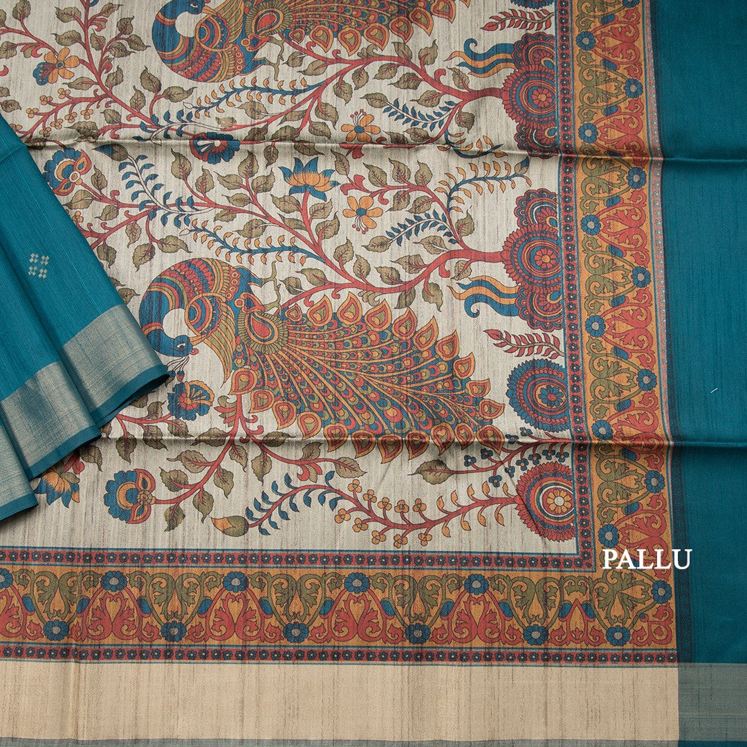 Semi Raw Silk Peacock Green Printed Saree 03