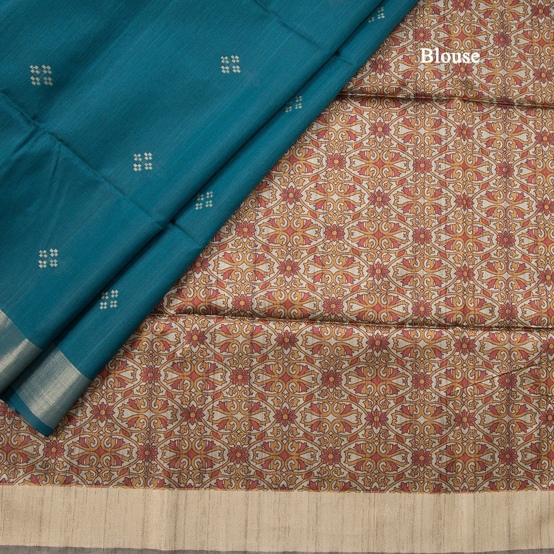 Semi Raw Silk Peacock Green Printed Saree 03