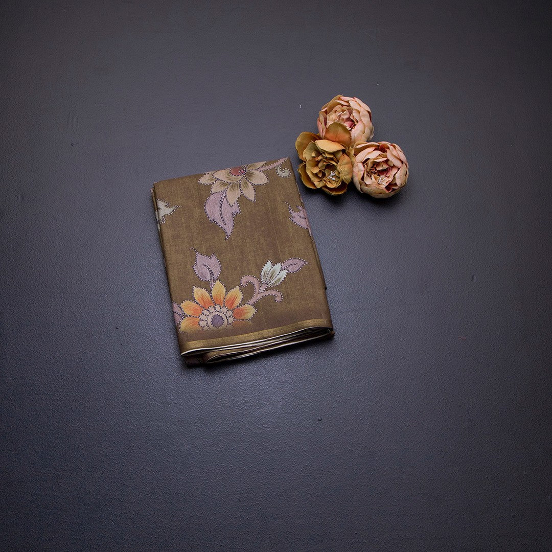 Semi Raw Silk Olive Green Floral Printed Saree 02