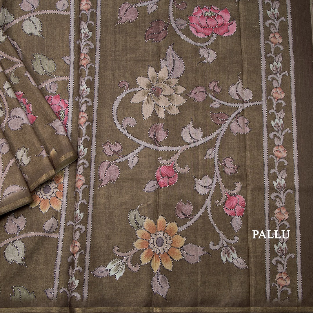 Semi Raw Silk Olive Green Floral Printed Saree 02