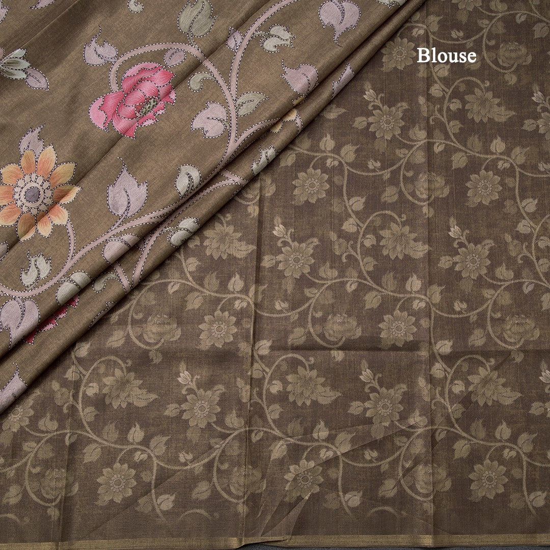 Semi Raw Silk Olive Green Floral Printed Saree 02