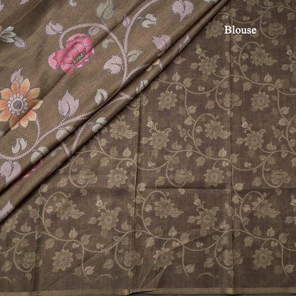 Semi Raw Silk Olive Green Floral Printed Saree 02