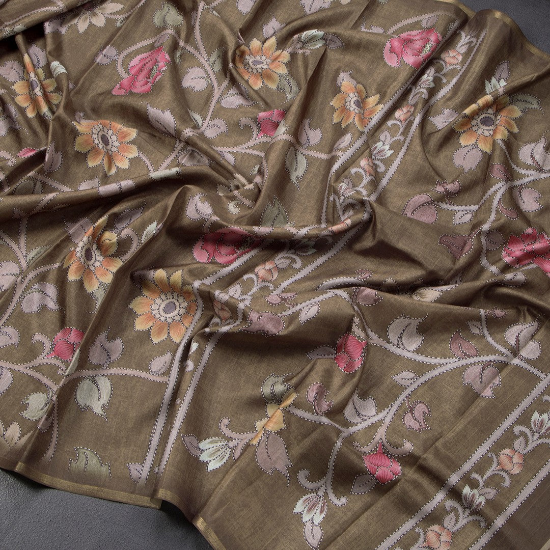 Semi Raw Silk Olive Green Floral Printed Saree 02