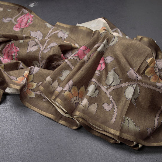 Semi Raw Silk Olive Green Floral Printed Saree 02