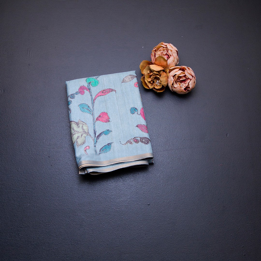 Semi Raw Silk Light Blue Floral Printed Saree