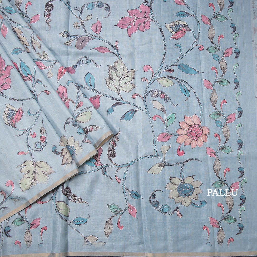 Semi Raw Silk Light Blue Floral Printed Saree