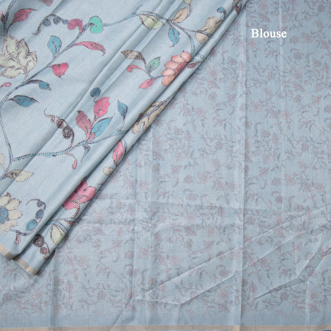 Semi Raw Silk Light Blue Floral Printed Saree