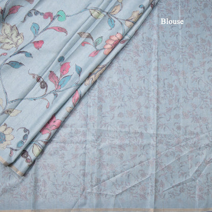 Semi Raw Silk Light Blue Floral Printed Saree