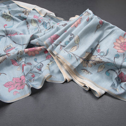 Semi Raw Silk Light Blue Floral Printed Saree
