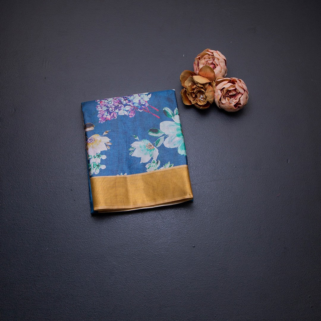 Semi Raw Silk Blue Floral Printed Saree