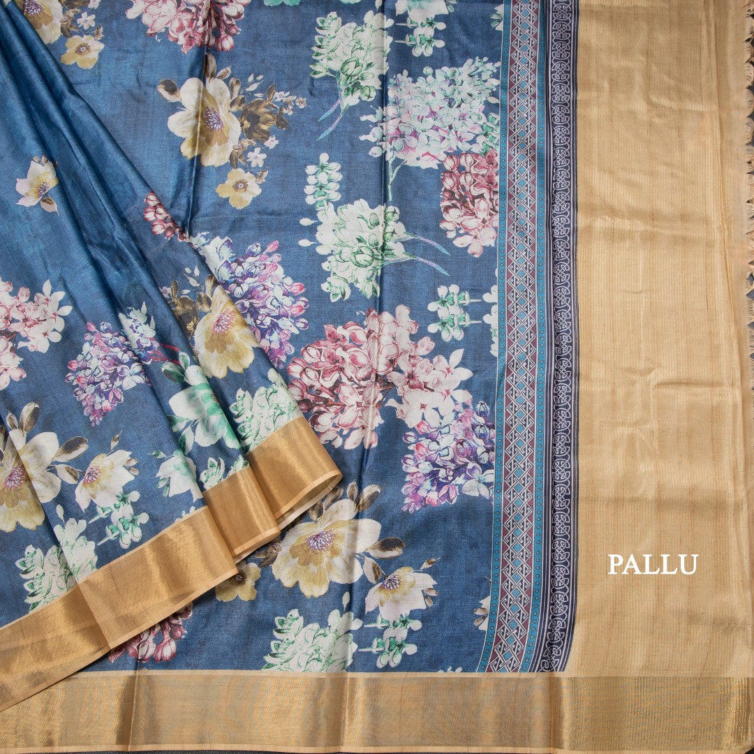 Semi Raw Silk Blue Floral Printed Saree