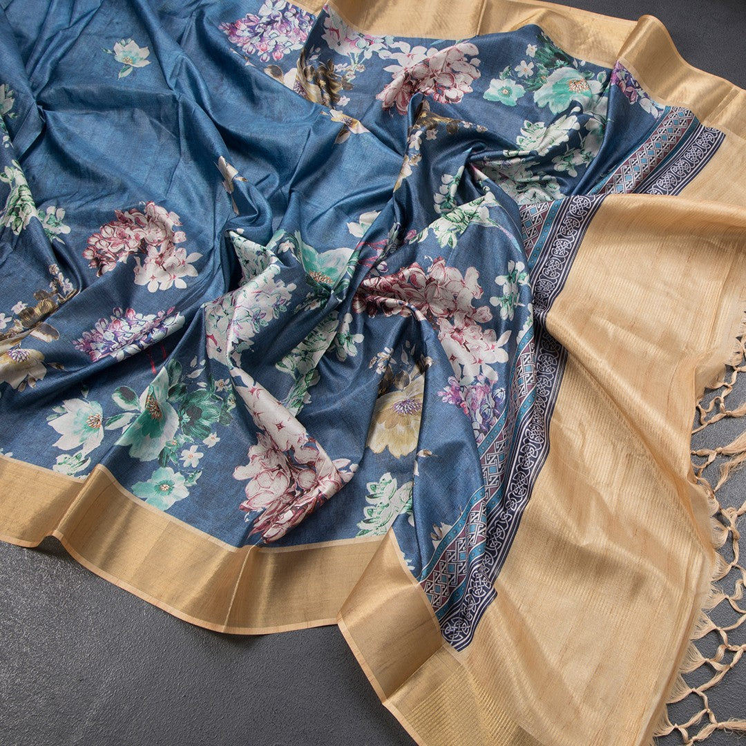 Semi Raw Silk Blue Floral Printed Saree