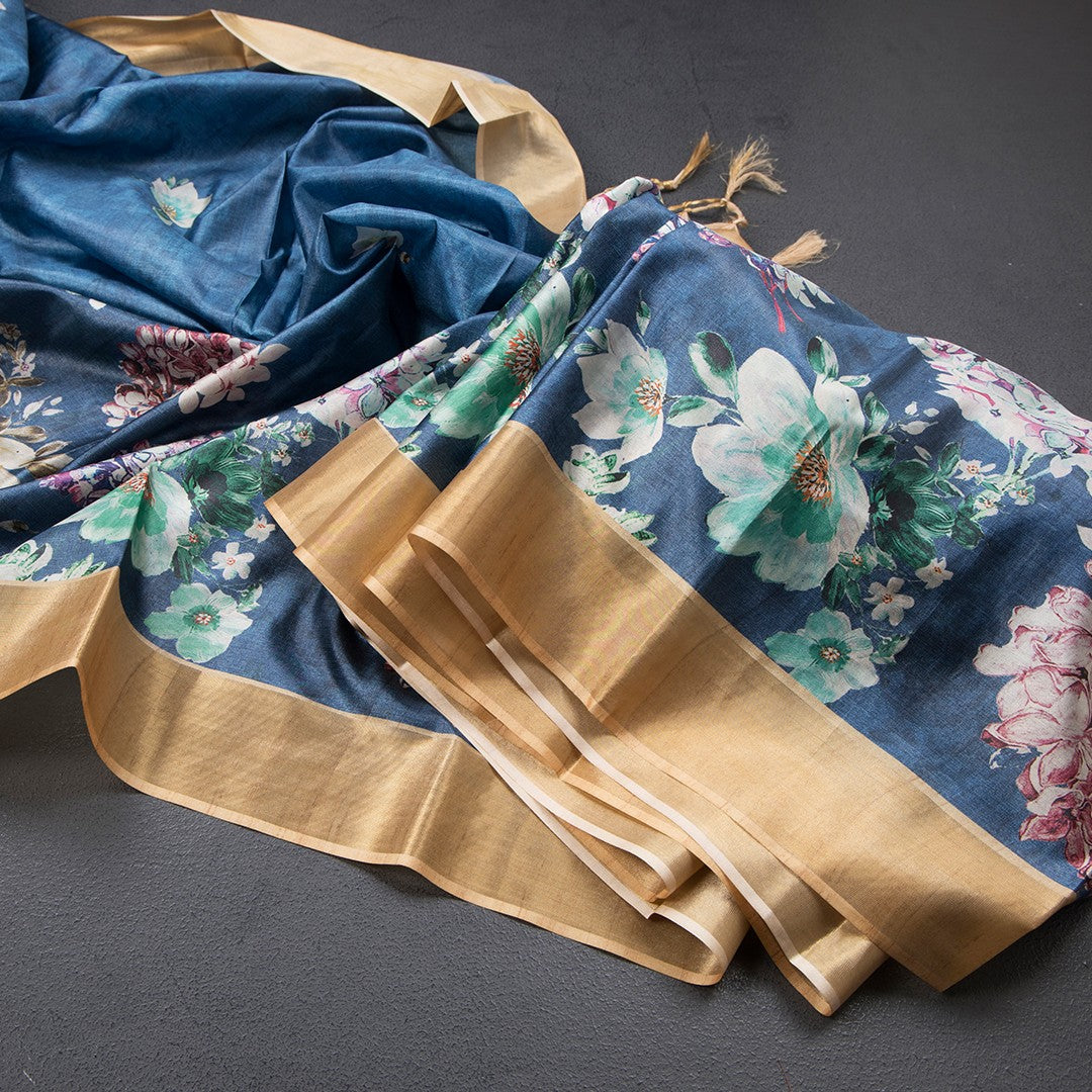 Semi Raw Silk Blue Floral Printed Saree