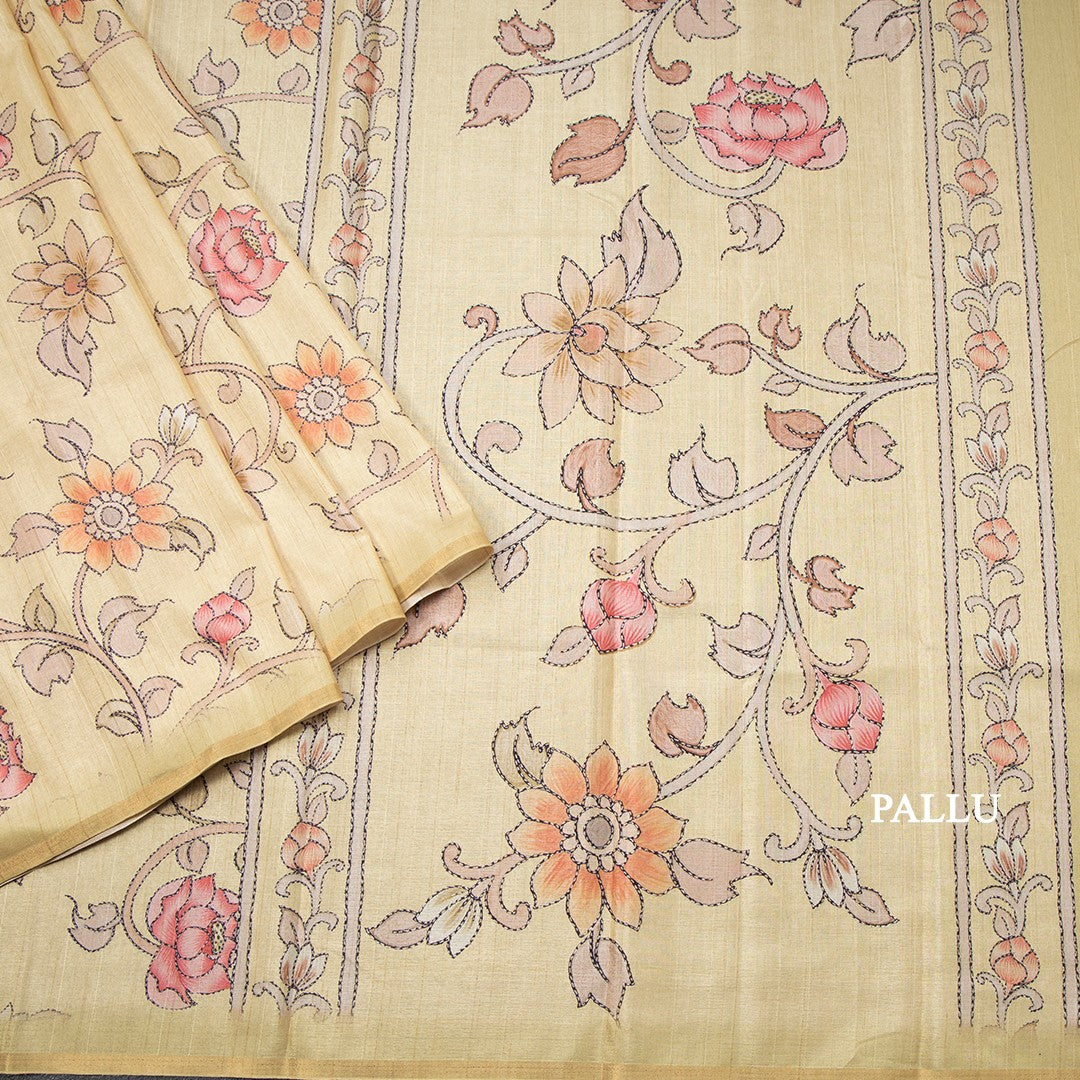 Semi Raw Silk Sandal Floral Printed Saree