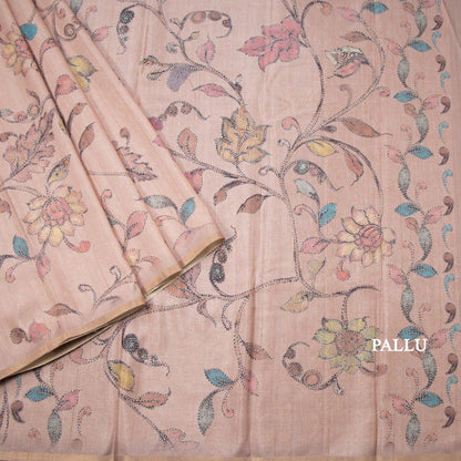 Semi Raw Silk Light Brown Floral Printed Saree