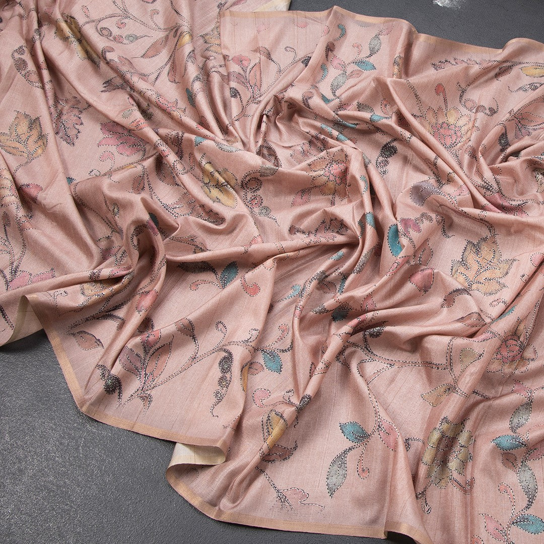 Semi Raw Silk Light Brown Floral Printed Saree
