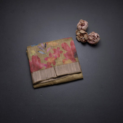 Raw Silk Light Mehandi Green Thread Checks With Floral Printed Saree