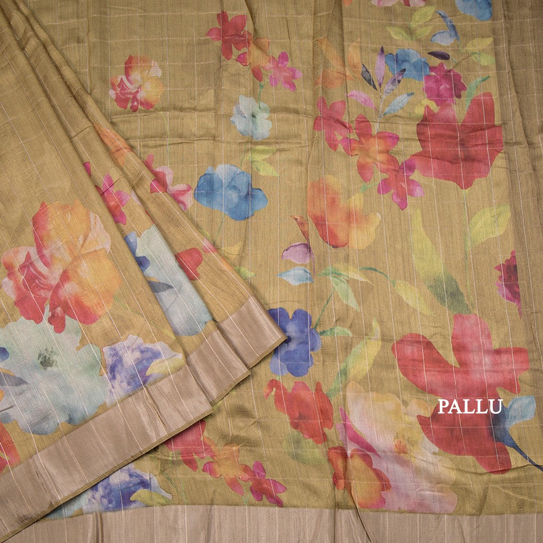 Raw Silk Light Mehandi Green Thread Checks With Floral Printed Saree