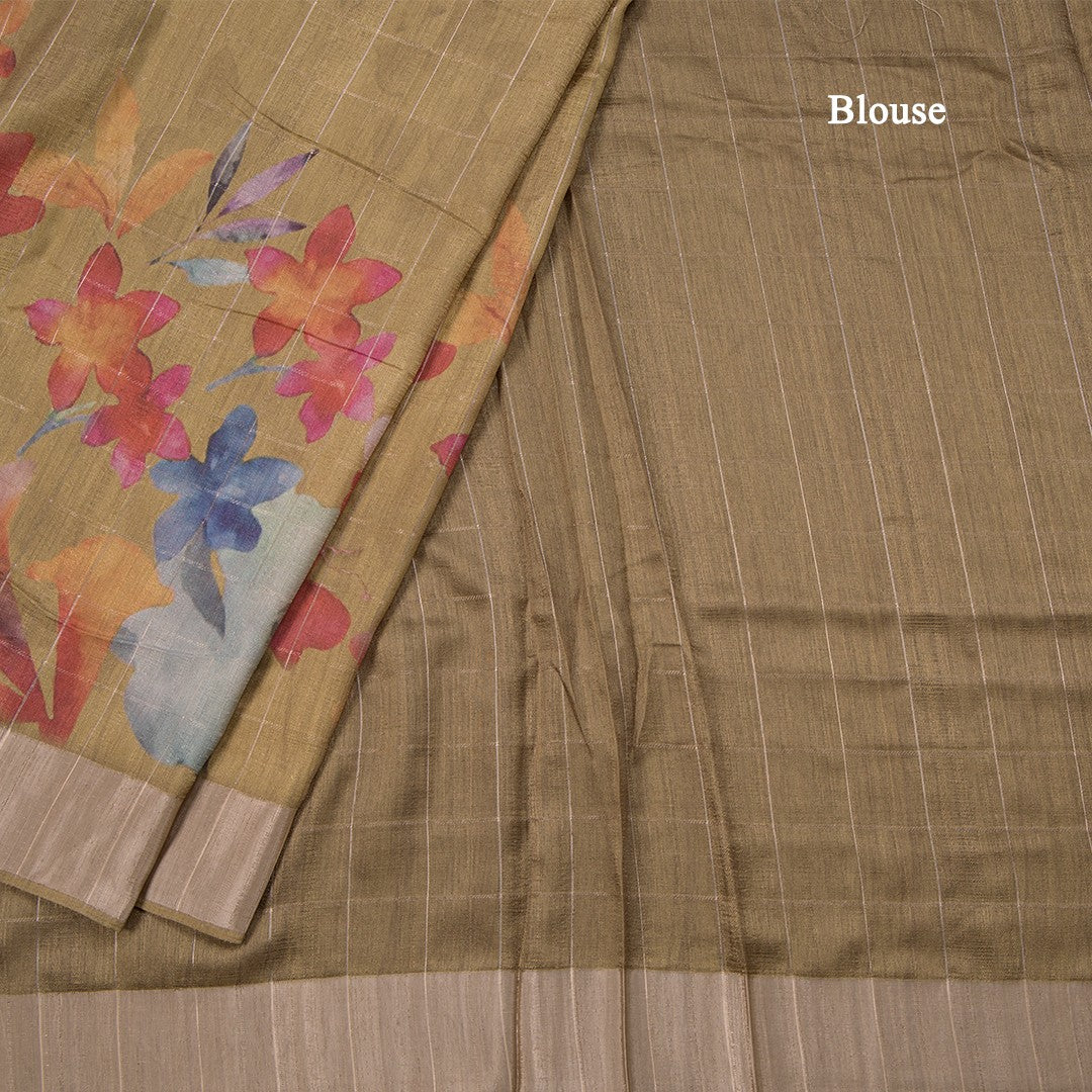 Raw Silk Light Mehandi Green Thread Checks With Floral Printed Saree